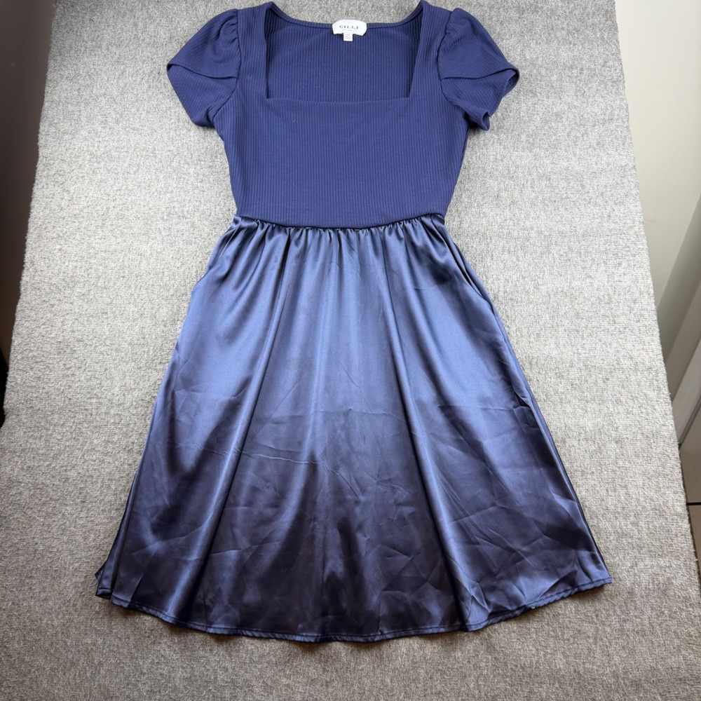 Gilli Fit and Flare Dress Womens XSP Navy Blue Ribbed Knit Satin Skirt Pockets